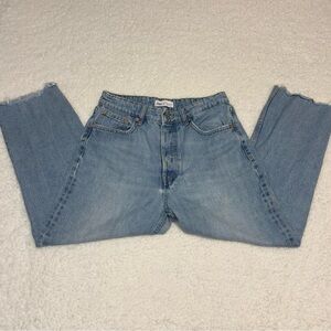 Zara Women Blue Light Wash Denim Bleached Details Straight Jeans